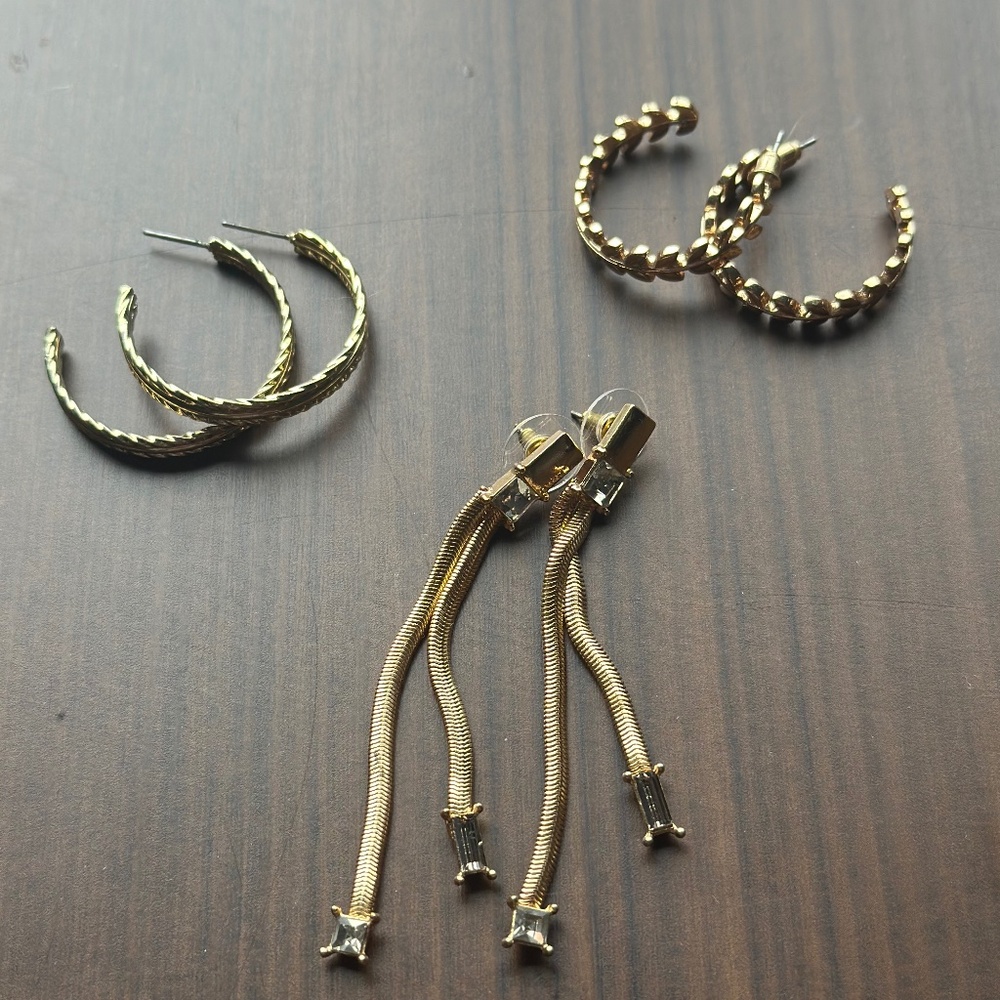 3 Pairs of Earrings Bundle - Gold Tone, 2 Medium Hoops, 1 Dangling Statement